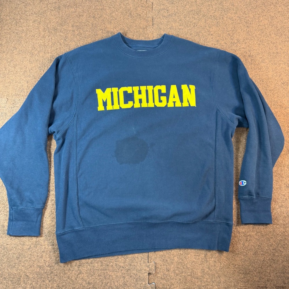 Champion Michigan Reverse Weave Sweatshirt Mens Medium Navy Blue Crewneck gym NC